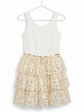 🦦5/$10🦦The Children's Place Ivory Gold Sequin Tiered Dress Girls Size XXL 16